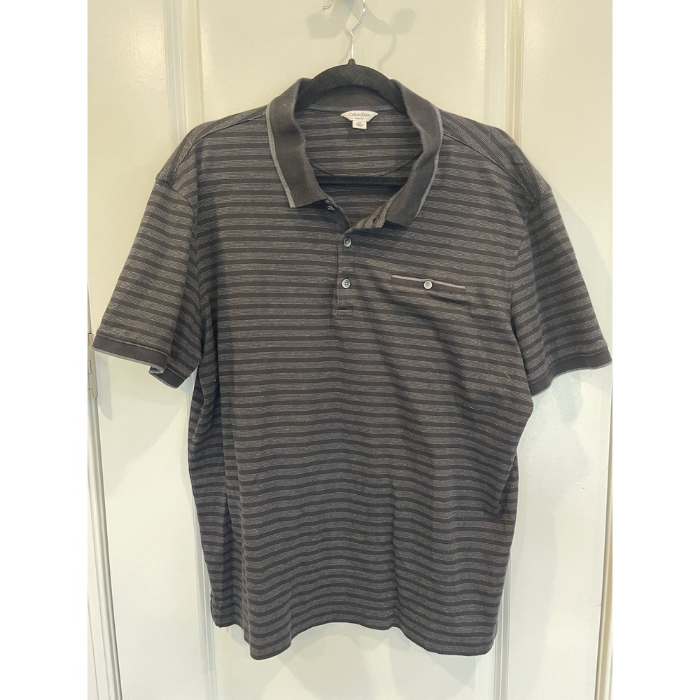 Calvin Klein Slim Fit Black and Gray Striped Short Sleeve Pocket Polo Shirt, XL